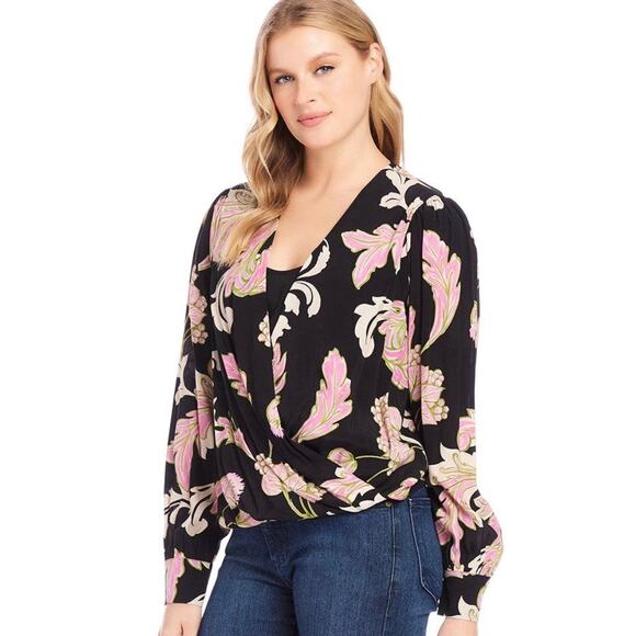 Karen Kane Pink Floral Draped Front Long Sleeve Blouse NWT - Picture 1 of 13
